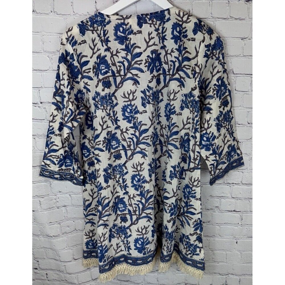 NWT SLV SUR LA VAGUE Blue Floral Cotton Long Sleeve Mini Dress Tunic One Size - Picture 7 of 8